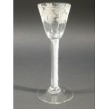 C18th (CIRCA 1760) ENGLISH MULTI SPIRAL AIR TWIST WINE GLASS, THE POINTED ROUND FUNNEL BOWL ENGRAVED