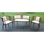 EDWARDIAN INLAID MAHOGANY SALON SOFA (75 cm x 109.5 cm x 47 cm) AND TWO ARMCHAIRS (75 cm x 53 cm x