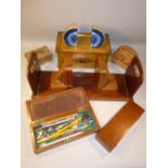 PAIR OF ART DECO MAHOGANY BOOKENDS (15 cm x 10.3 cm). MAHOGANY FOLDING BOOK STAND, THREE BOXES AND