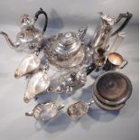 GOOD QUANTITY OF SILVER PLATE INCLUDING TEA POTS, COFFEE POT, CLARET JUG, CONDIMENT SET AND TWO