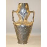 C. 1900 LARGE URANIA FRIEDRICH ADLER ART NOUVEAU PEWTER TWO HANDLED VASE WITH STYLISED DECORATION,