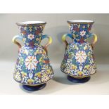 PAIR OF C19th FRENCH DOUBLE HANDLED FAIENCE VASES DECORATED IN A MULTICOLOURED ISLAMIC INFLUENCED