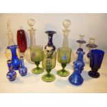 GOOD QUANTITY OF GLASS INCLUDING BRISTOL BLUE, BOHEMIAN, CUT GLASS DECANTERS AND PERFUME/SCENT