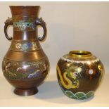 BRONZE VASE WITH STYLISED DRAGON HEAD AND TONGUE HANDLES WITH CLOISONNE ENAMEL FLORAL AND DRAGON