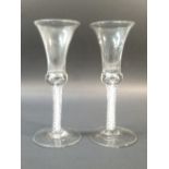 TWO 18TH CENTURY WINE GLASSES (NEAR PAIR) WAISTED BELL BOWL, SOLID BASE; DSOT- HEAVY SPIRAL TWIST