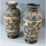 PAIR OF LATE VICTORIAN DOULTON LAMBETH STONEWARE VASES EACH WITH PAINTED FLORAL DECORATION (H: 31.