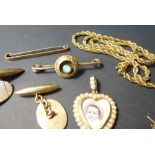 9CT GOLD ROPE-TWIST NECKLACE, PAIR OF OVAL CUFFLINKS, SEED PEARL HEART LOCKET AND AN OPAL SET BAR