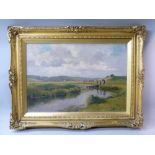 IN THE STYLE OF ALBERT GEORGE BOWMAN, RURAL LANDSCAPE WITH A RIVER, COWS AND DISTANT HILLS, OIL ON