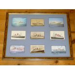 25 FRAMED POSTCARDS OF OCEAN LINERS IN 2 FRAMES (61 cm x 86 cm & 49 cm x 63.5 cm), 2 FRAMED