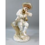 VICTORIAN HADLEY WORCESTER PORCELAIN FIGURE OF A YOUNG MAN PLAYING A FLUTE, STANDING AGAINST A