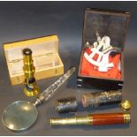 SEXTANT WITH CASE (8 cm x 14 cm x 14 cm), BRASS 3 DRAW TELESCOPE (EXTENDED LENGTH: 37.8 cm),