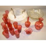 12 VICTORIAN CRANBERRY PONY GLASSES (H: 10 cm), 2 CRANBERRY FLASKS, VENETIAN SHAPED BOWL, EDWARD