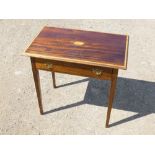 INLAID MAHOGANY FINISH SIDE TABLE WITH A DRAWER, ON TAPERING LEGS (67.5 cm x 71.5 cm x 45 cm)