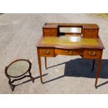 EDWARDIAN INLAID MAHOGANY BOWFRONTED WRITING TABLE WITH 4 DRAWERS FLANKING A BEVELLED MIRROR ABOVE 3