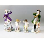 PAIR OF CAPODIMONTE PORCELAIN FIGURES BOTH WITH HUNTING DOGS (H: 20 cm) AND 2 PUTTI ALSO EACH WITH