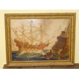 ENGLISH SCHOOL TUDOR PERIOD GALLEON PRINT, A PRINT WITH COINS COMMEMORATING WW2 AND TWO OTHER PRINTS