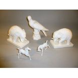 CROWN STAFFORDSHIRE DOVE (H: 20 cm), A PAIR OF CERAMIC ELEPHANTS AND TWO HORSES [5]