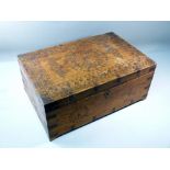 LATE C19th/EARLY C20th BRASS BOUND INLAID INDIAN TEAK BOX WITH A HINGED LID, COMPARTMENTED