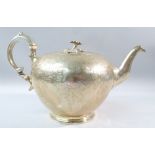 EARLY VICTORIAN CIRCULAR SILVER TEAPOT (POSSIBLY BY WILLIAM PITTS), THE BODY ENGRAVED WITH FLORAL