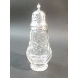 CUT GLASS AND SILVER TOPPED SUGAR CASTER BY ADIE BROTHERS LTD, BIRMINGHAM 1963