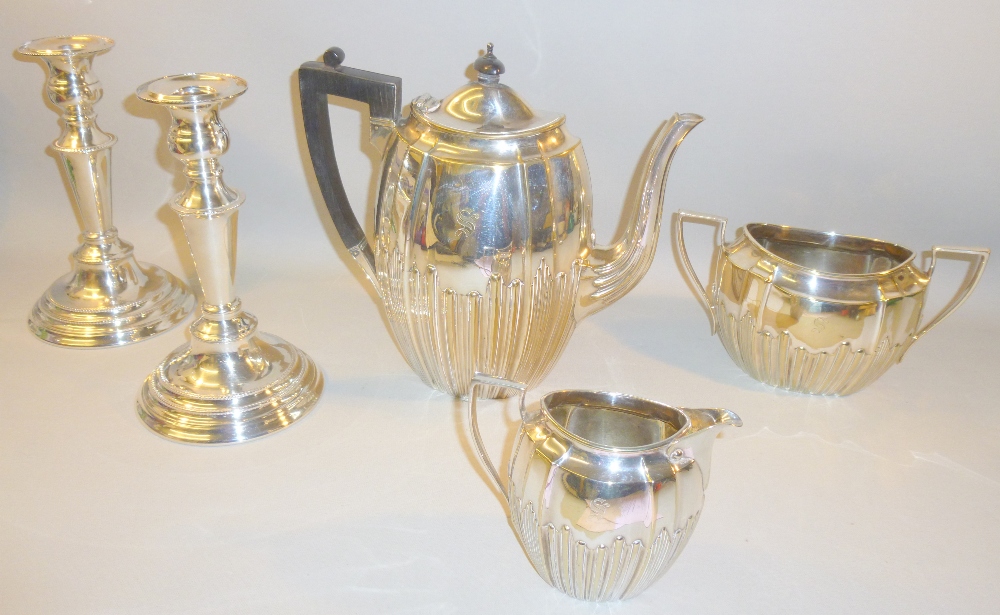 PAIR OF SILVER PLATED CANDLESTICKS, SILVER PLATED TEAPOT, SUGAR BOWL AND JUG ALL WITH 'S' ENGRAVED - Image 2 of 5