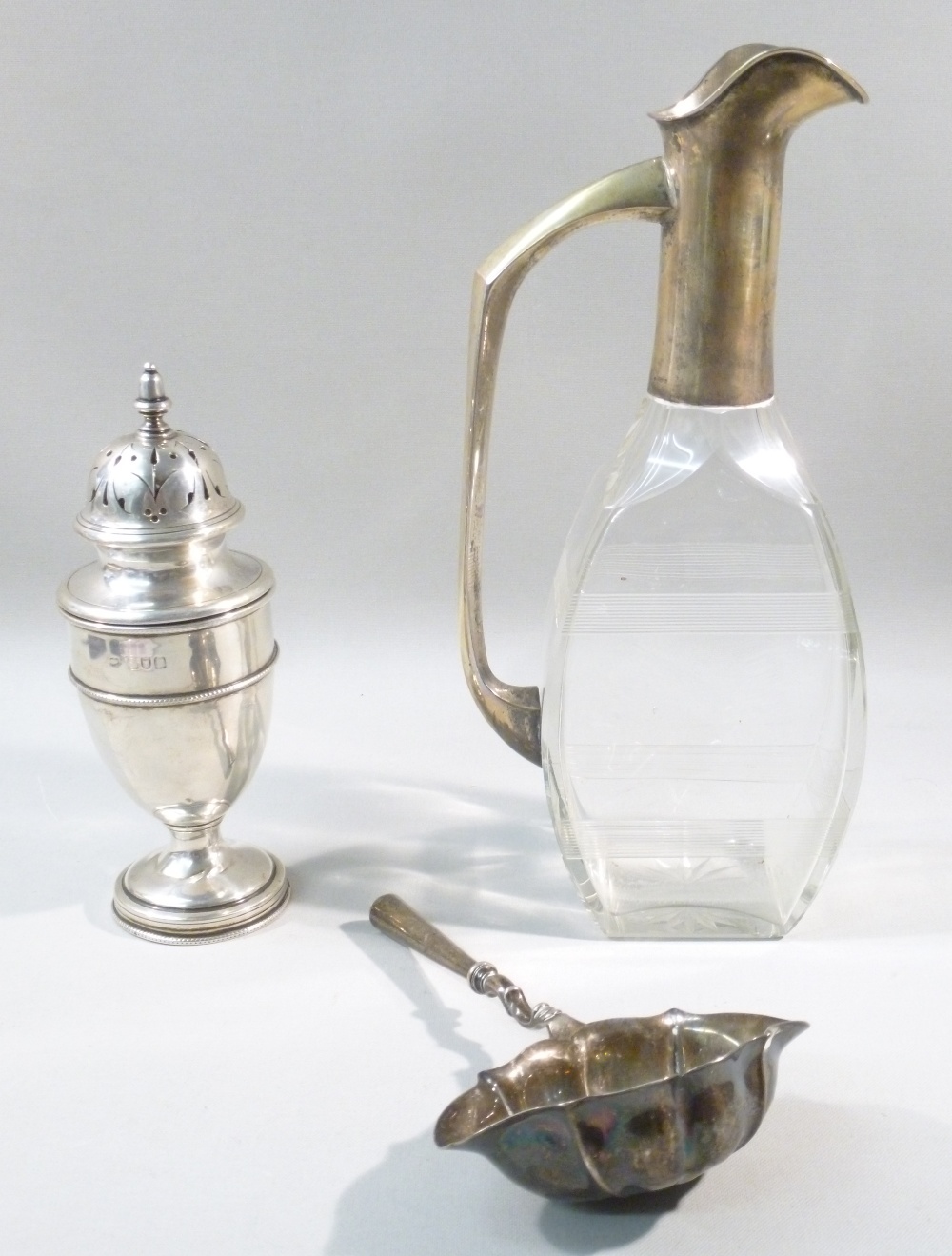 HARRODS LTD SILVER SUGAR SIFTER BY RICHARD BURBIDGE, LONDON 1912, SILVER PUNCH LADLE BY PHILIP