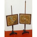 TWO EARLY VICTORIAN MAHOGANY POLESCREENS EACH WITH A FLORAL EMBROIDERED GLAZED RECTANGULAR PANEL,