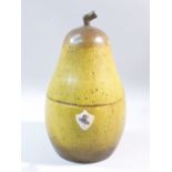 GEORGIAN-STYLE PAINTED WOOD TEA CADDY IN THE FORM OF A PEAR WITH A STALK, HINGED TOP, WITH SHIELD