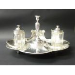 VICTORIAN HALLMARKED SILVER INK STANDISH, THE SHELL-SHAPED DISHED BOWL ON THREE POINTED FEET,