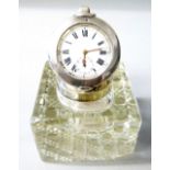 EDWARDIAN CUT GLASS INKWELL WITH HALLMARKED SILVER HINGED TOP CONTAINING A POCKET WATCH (IN