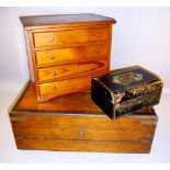 MAHOGANY WRITING SLOPE, APPRENTICE PIECE CHEST WITH FOUR DRAWERS AND A VICTORIAN LEATHER TOOLED