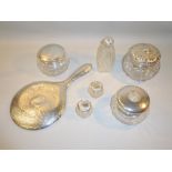 SILVER HAND MIRROR, BIRMINGHAM 1911 TOGETHER WITH SIX VARIOUS SILVER TOPPED DRESSING TABLE