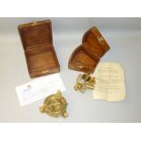 REPLICA BRASS SUNDIAL COMPASS (DIA: 12.5 cm) AND A BRASS SEXTANT WITH OVERLAY (10.5 cm), BOTH IN A