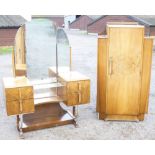 ART DECO WALNUT DRESSING TABLE WITH ARCHED TRIPLE SWING MIRRORS, GLASS AND WALNUT SHELVES FLANKED BY