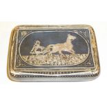 C19th RUSSIAN SILVER AND NIELLO TABLE SNUFF BOX OF RECTANGULAR FORM AND HINGED COVER, MARKED '