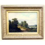 C19th LANDSCAPE WITH COTTAGE, FIGURES, RIVER AND CHURCH IN THE BACKGROUND, INDISTINCTLY SIGNED,