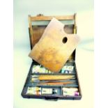 C19th MAHOGANY ARTIST'S EASEL BOX WITH BUILT-IN CANVAS STAND, SHAPED PALLET, TUBES OF PAINT, VARIOUS