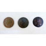 THREE COPPER TOKENS,WALES,ANGLESEY, DRUID'S HEAD L. IN WREATH, WITH 25 ACORNS, R THE ANGLESEY MINES