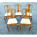 SET OF FIVE GEORGE I STYLE MAHOGANY DINING CHAIRS EACH WITH A DROP IN SEAT, THE BACK RAIL STAMPED