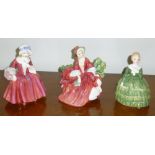 THREE ROYAL DOULTON BONE CHINA FIGURES 'LYDIA' HN1908 (H: 12 cm), 'LAVINIA' HN1955 (H: 13 cm), '