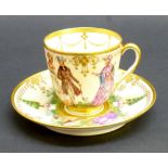 AMBROSIUS LAMM OF DRESDEN DECORATED PORCELAIN CUP AND SAUCER CIRCA 1887-1897 DEPICTING COURTING