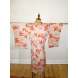 JAPANESE PINK/RED/BLUE KIMONO (L.130 cm. WIDTH WITH SLEEVES FULLY EXTENDED: 123 cm.