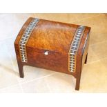 BURR WALNUT LADIES TRAVEL CASKET WITH ROSEWOOD INTERIOR ON STAND, DECORATED WITH FRUITWOOD