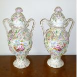 PAIR OF VICTORIAN COALBROOKDALE STYLE BALUSTER VASES EACH WITH ENCRUSTED FLORAL DECORATION, TWO