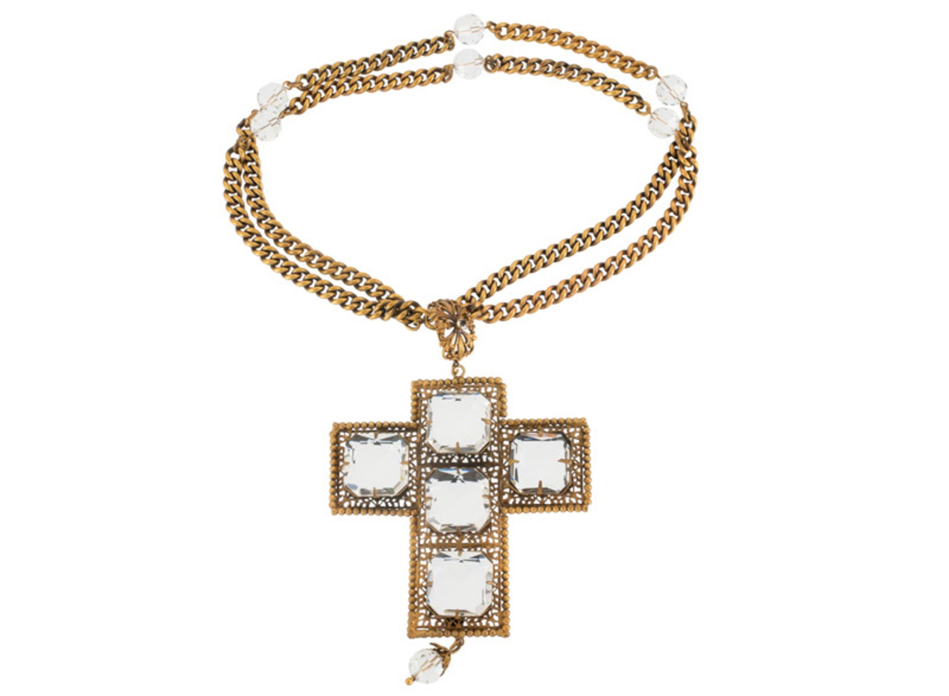 A Joseff Hollywood goldtone and rhinetone neckalce with cross pendant set with lightblue stones