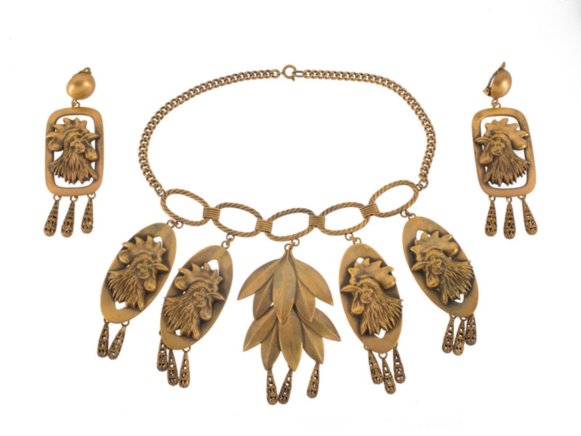 A Joseff Hollywood goldtone necklace and pair of earclips, depicting roosters. Necklace and one