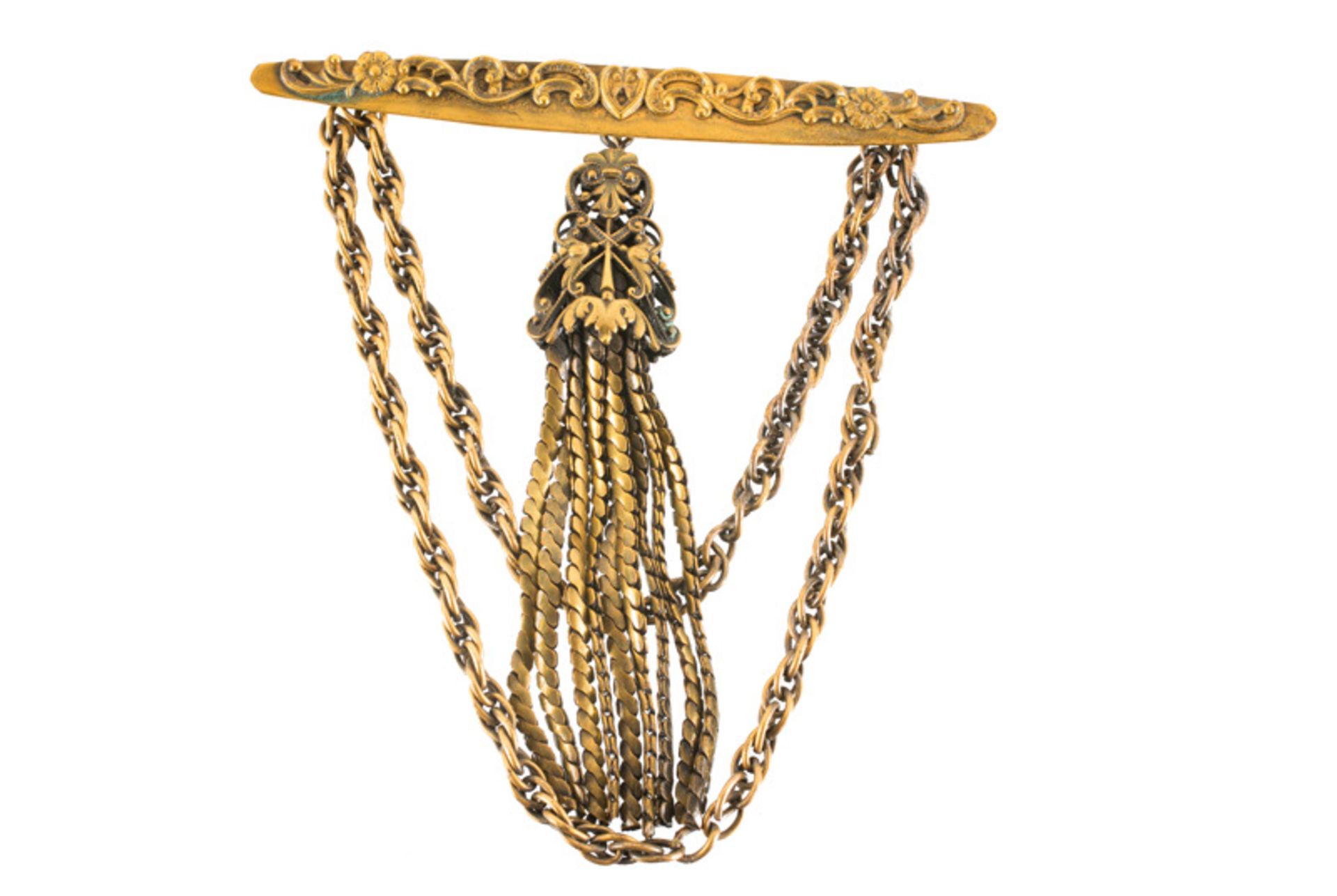 A Joseff Hollywood goldtone brooch with two chains and a pendant, decorated with scroll motifs. - Image 2 of 3