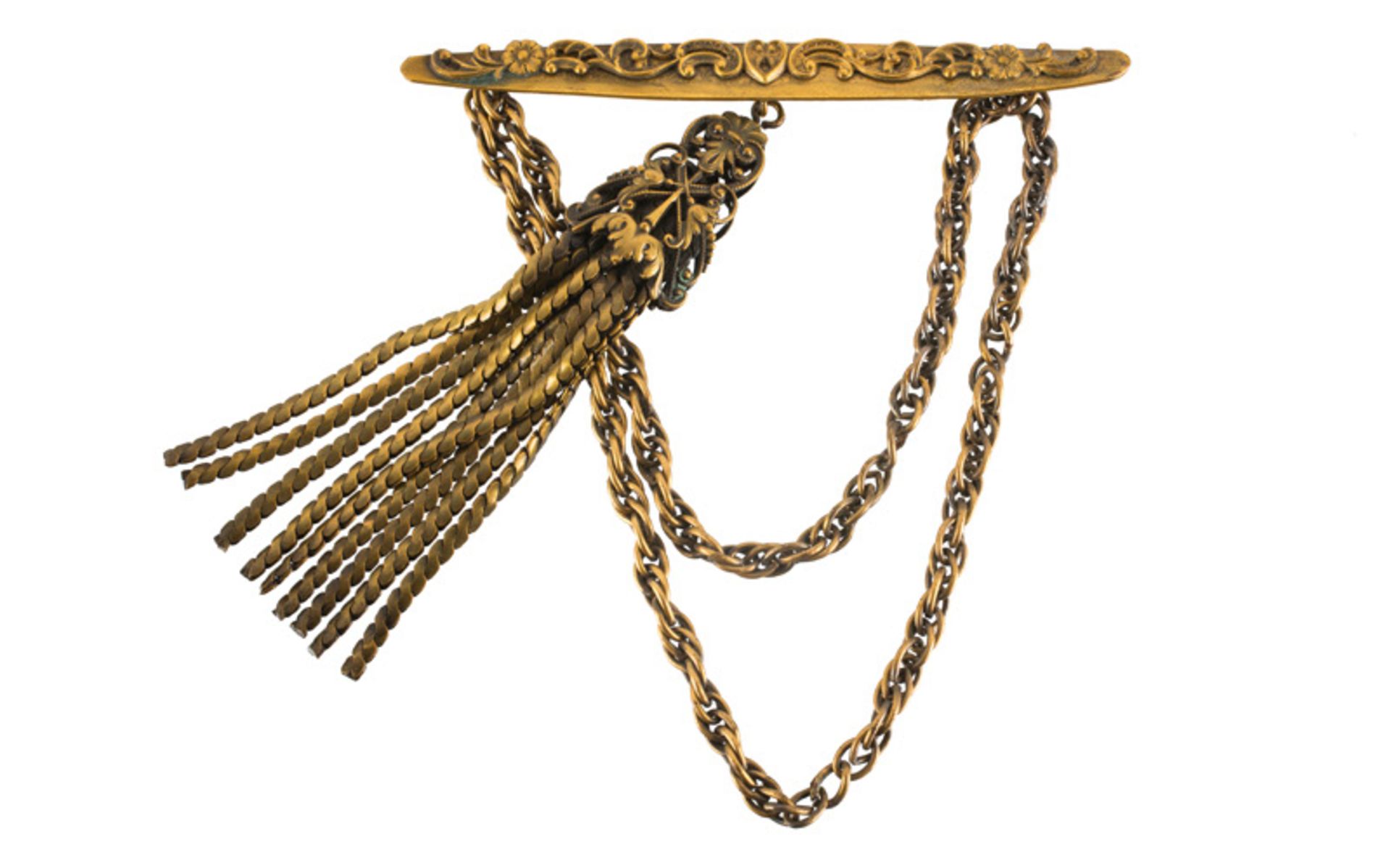 A Joseff Hollywood goldtone brooch with two chains and a pendant, decorated with scroll motifs. - Image 3 of 3