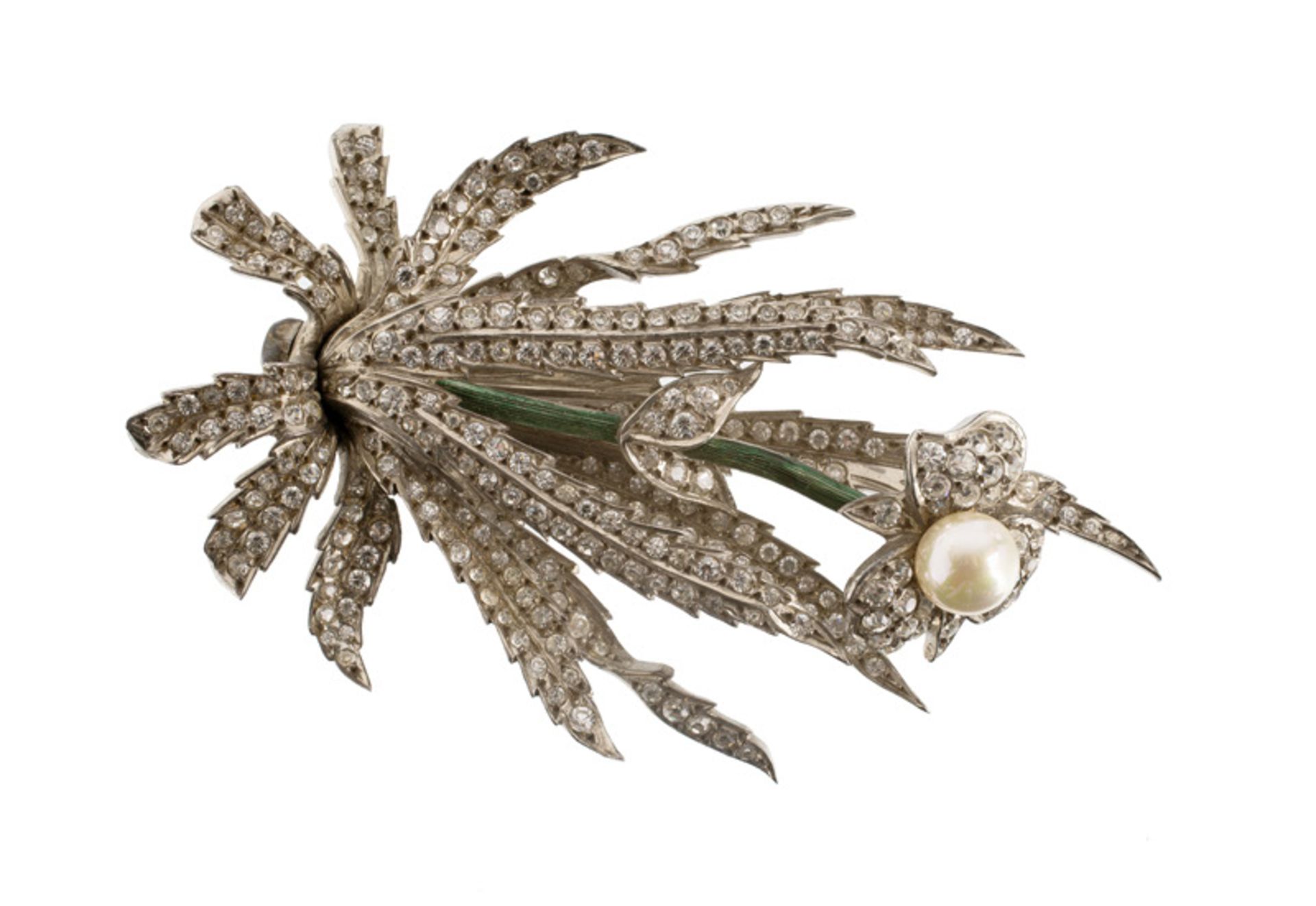 An Anonymous silvertone floral brooch, set with rhinestones, faux pearl and enamel. Unsigned. L.