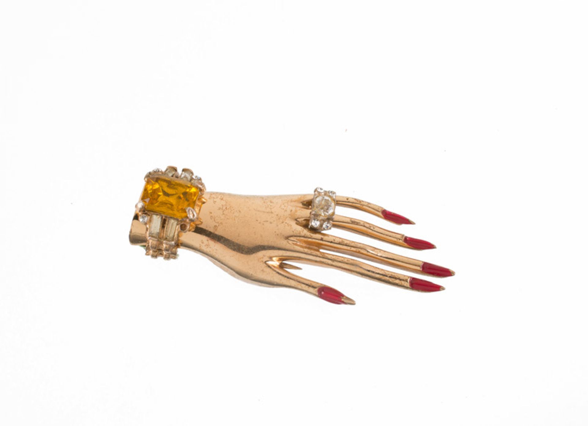 A Coro sterling goldtone brooch in the shape of a hand, wearing a ring. Set with yellow stones, - Image 3 of 3